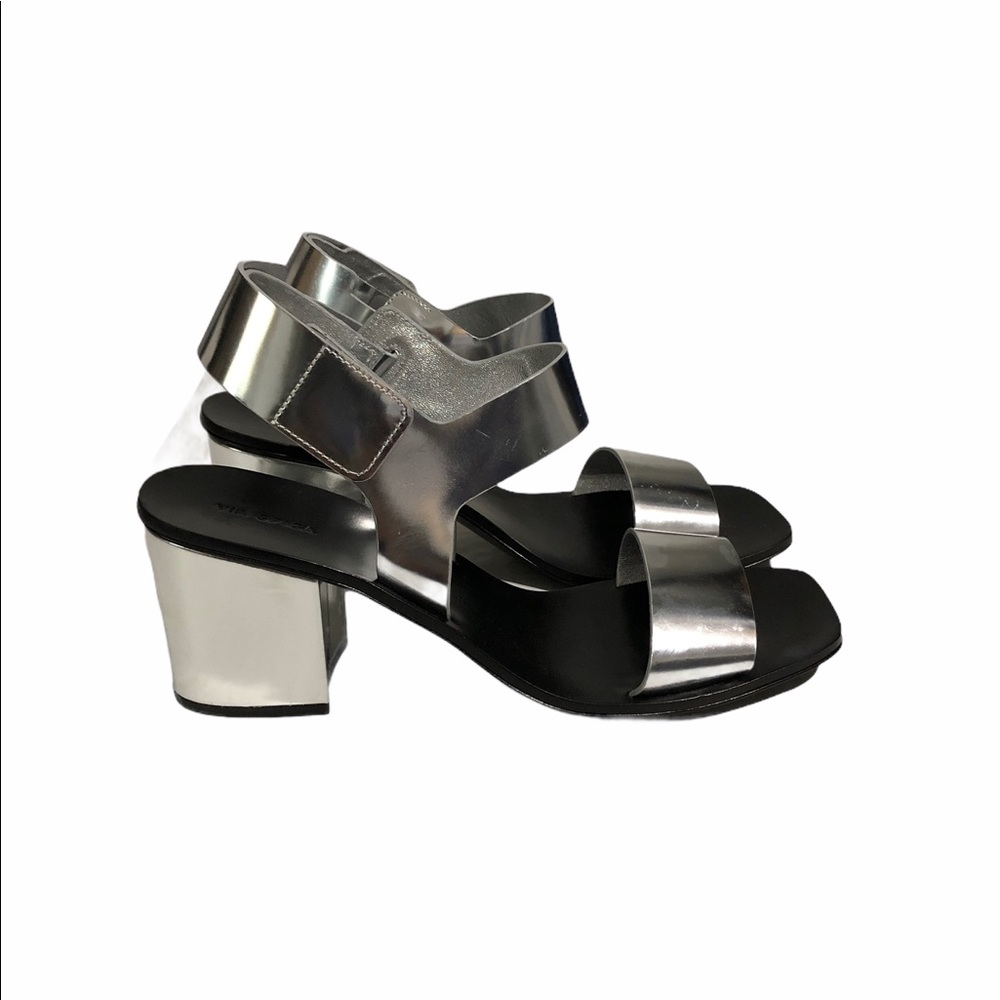 Via Spiga Silver Block Heel Sandals Women's Size 8